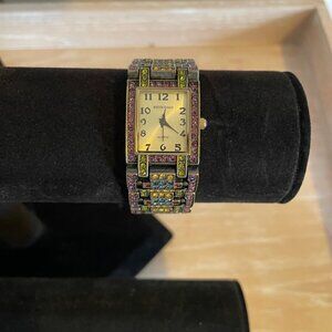 Heidi Daus Purple Blue Green Red Crystal Heavy Weight Link Bracelet Watch